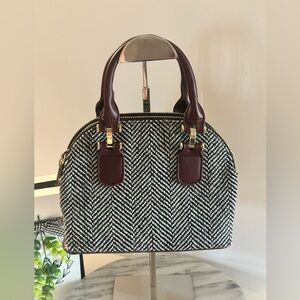Unbranded Houndstooth Tweed Pattern Small Cloth Faux Leather Handle Top Handbag